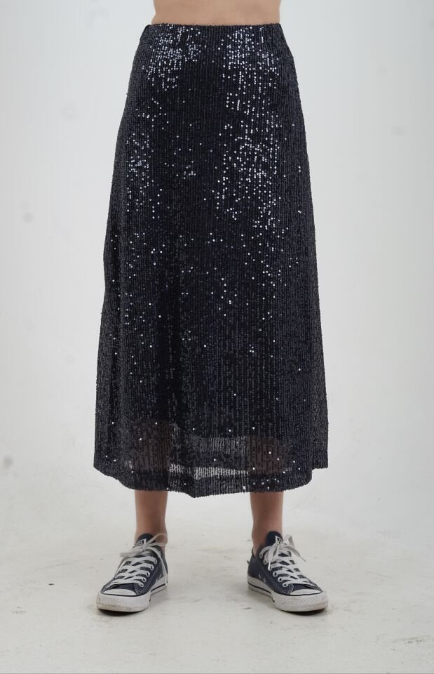 Füme Pul Payetli Midi Boy Çan Etek