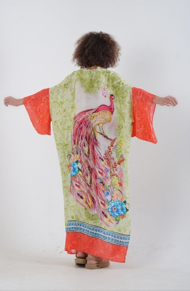 Yeşil Tavus Kuşu Desenli Kimono
