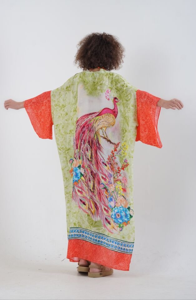 Yeşil Tavus Kuşu Desenli Kimono
