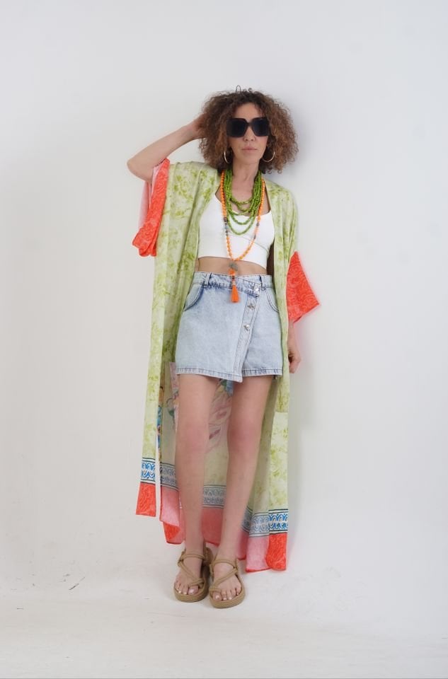 Yeşil Tavus Kuşu Desenli Kimono