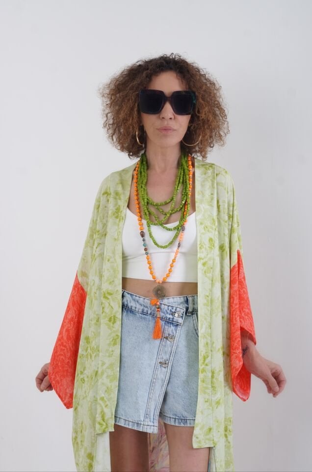 Yeşil Tavus Kuşu Desenli Kimono