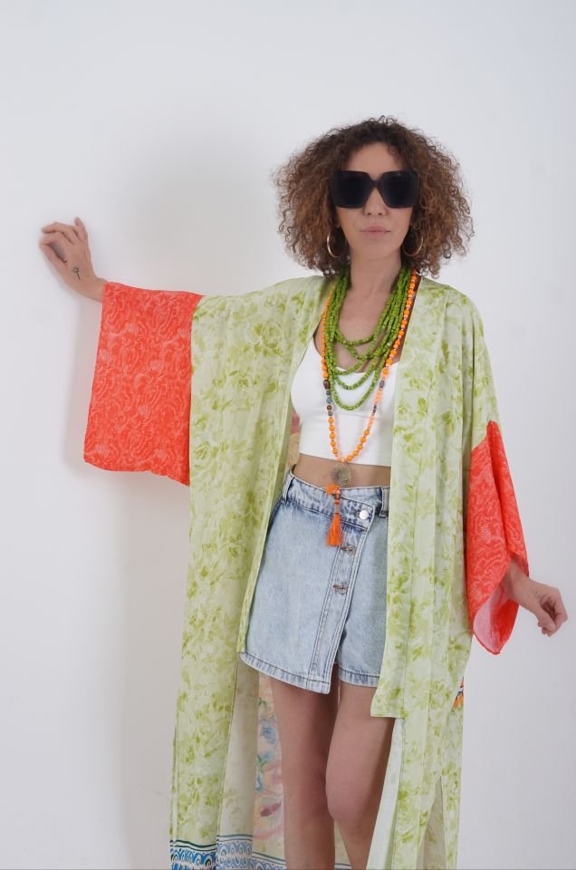 Yeşil Tavus Kuşu Desenli Kimono