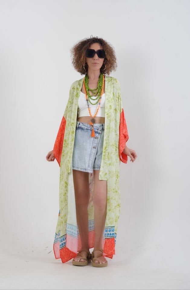 Yeşil Tavus Kuşu Desenli Kimono