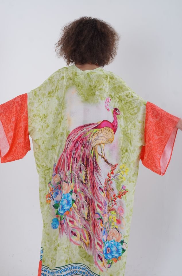 Yeşil Tavus Kuşu Desenli Kimono