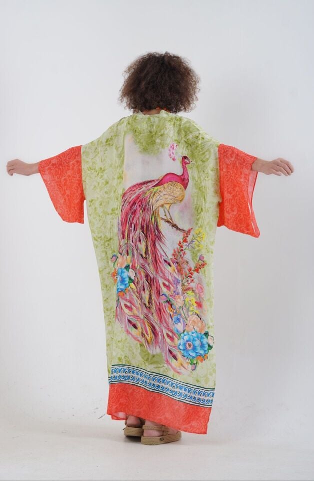 Yeşil Tavus Kuşu Desenli Kimono