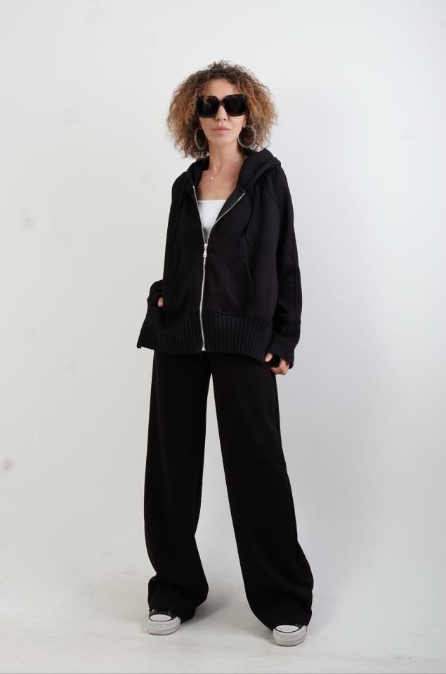 Siyah Fermuarlı Modal Sweatshirt Bol Paça Pantolon Takım