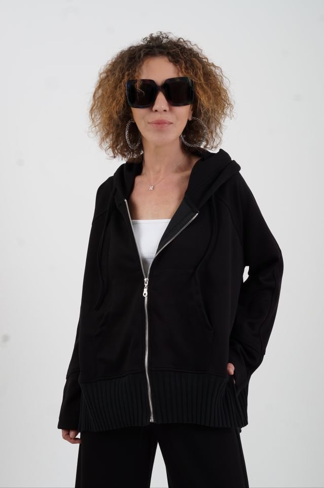 Siyah Fermuarlı Modal Sweatshirt Bol Paça Pantolon Takım