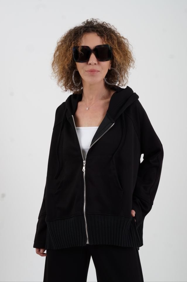 Siyah Fermuarlı Modal Sweatshirt Bol Paça Pantolon Takım