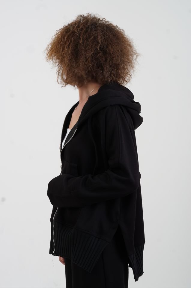 Siyah Fermuarlı Modal Sweatshirt Bol Paça Pantolon Takım