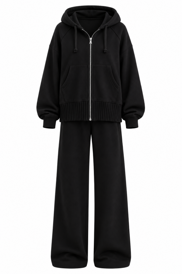 Siyah Fermuarlı Modal Sweatshirt Bol Paça Pantolon Takım