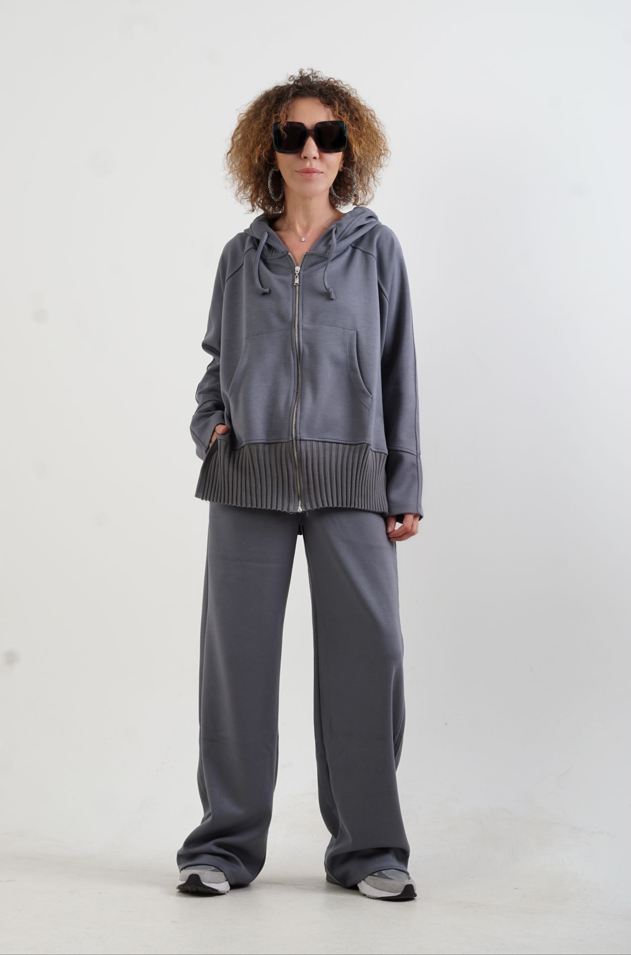 Gri Fermuarlı Modal Sweatshirt Bol Paça Pantolon Takım