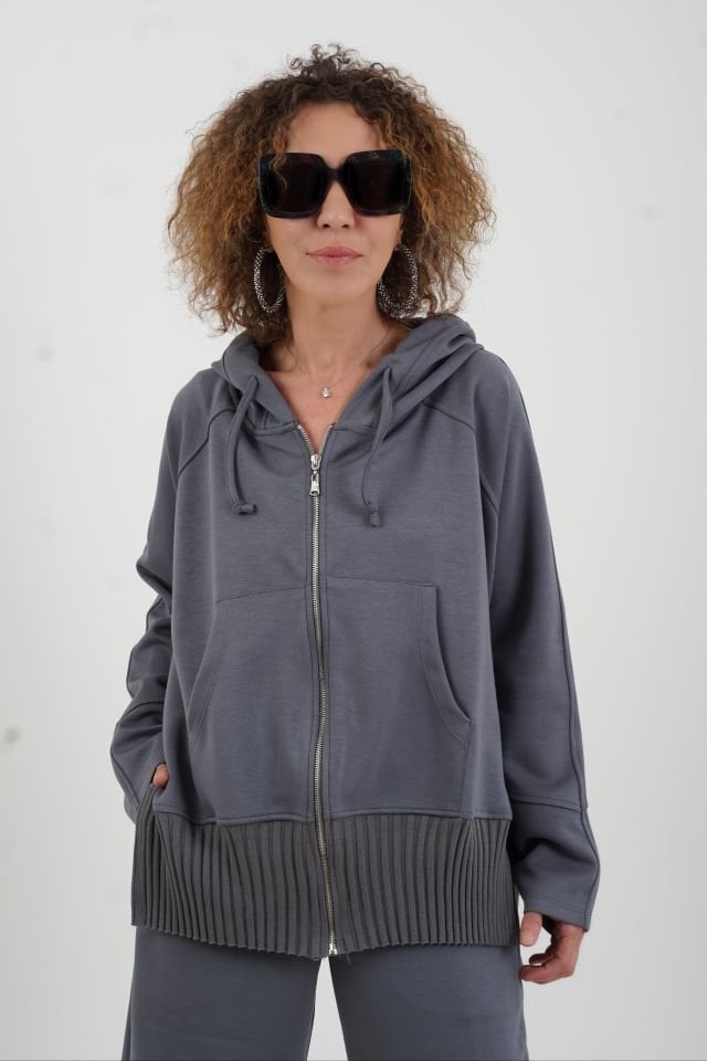 Gri Fermuarlı Modal Sweatshirt Bol Paça Pantolon Takım