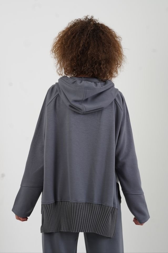 Gri Fermuarlı Modal Sweatshirt Bol Paça Pantolon Takım