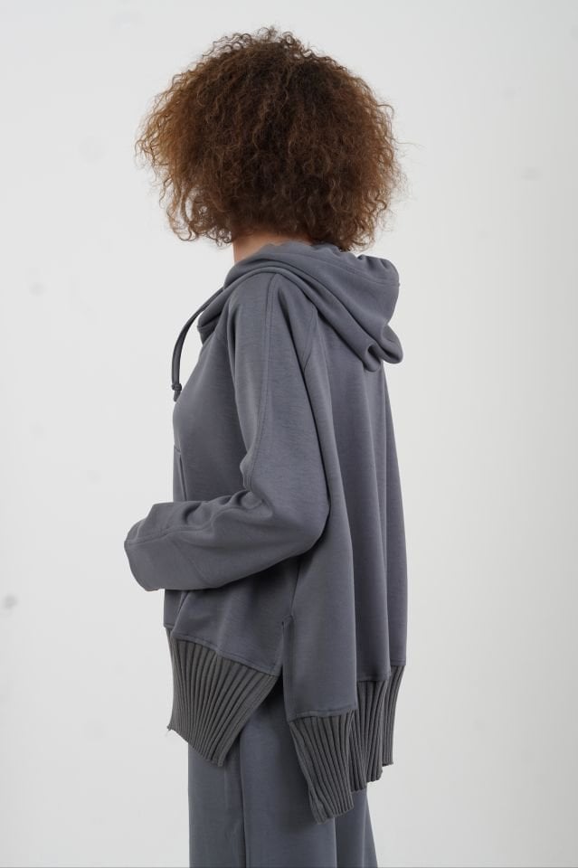 Gri Fermuarlı Modal Sweatshirt Bol Paça Pantolon Takım