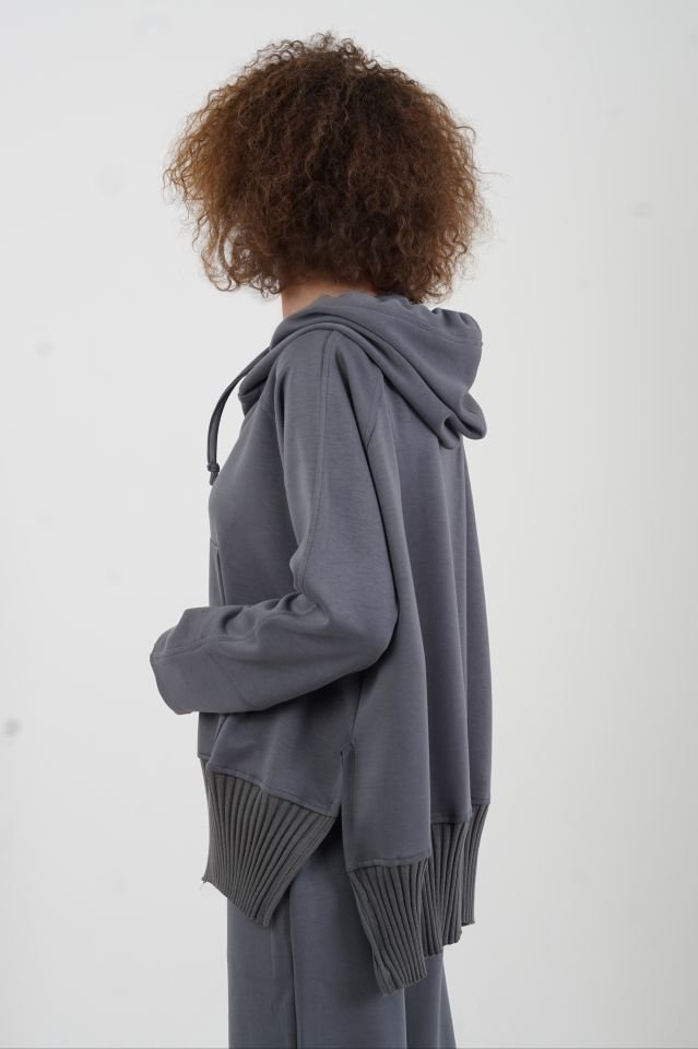 Gri Fermuarlı Modal Sweatshirt Bol Paça Pantolon Takım