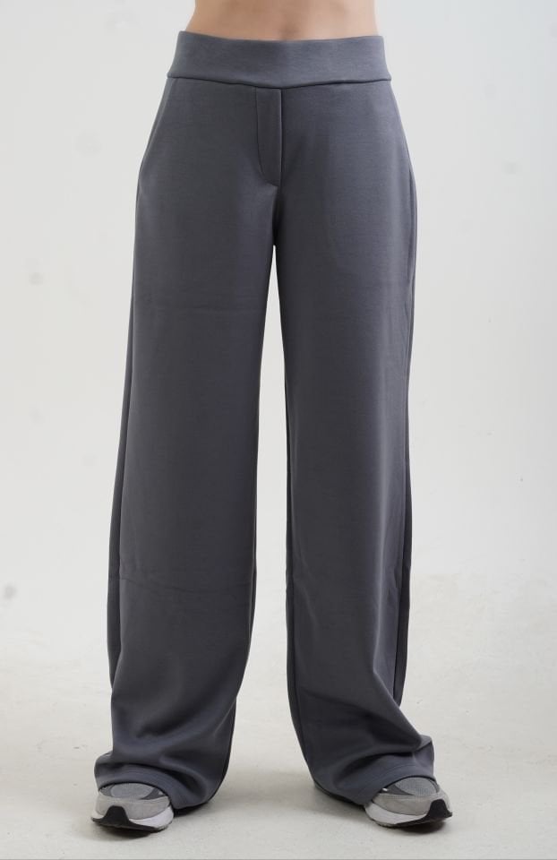 Gri Fermuarlı Modal Sweatshirt Bol Paça Pantolon Takım