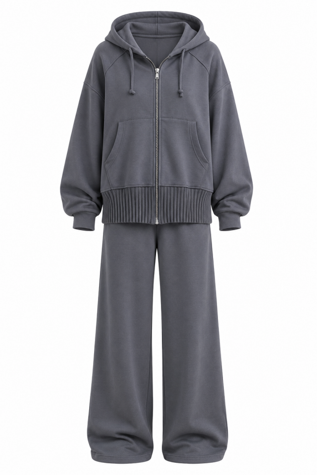 Gri Fermuarlı Modal Sweatshirt Bol Paça Pantolon Takım