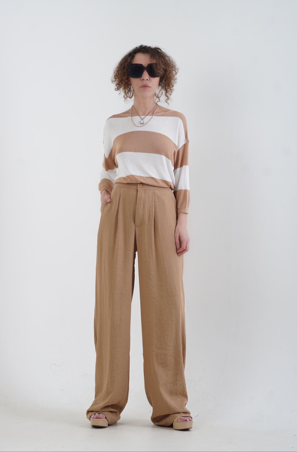 Camel Keten Karışımlı Palazzo Pantolon