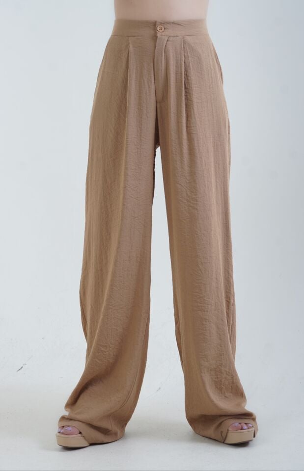 Camel Keten Karışımlı Palazzo Pantolon