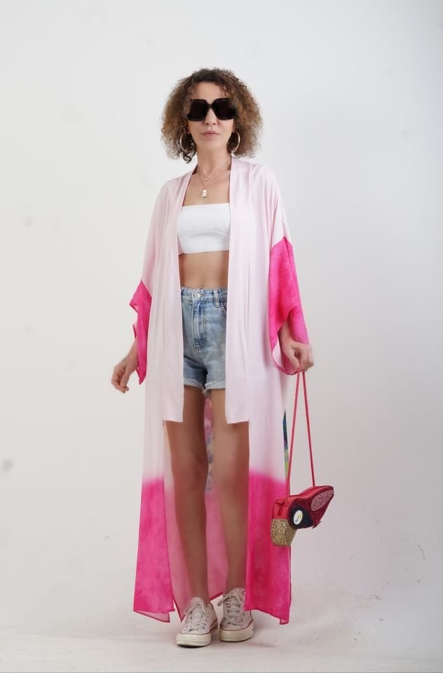 Fuşya Faralya Desenli Kimono