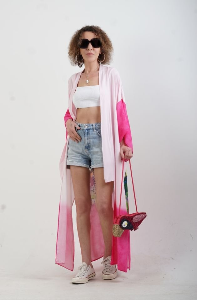 Fuşya Faralya Desenli Kimono