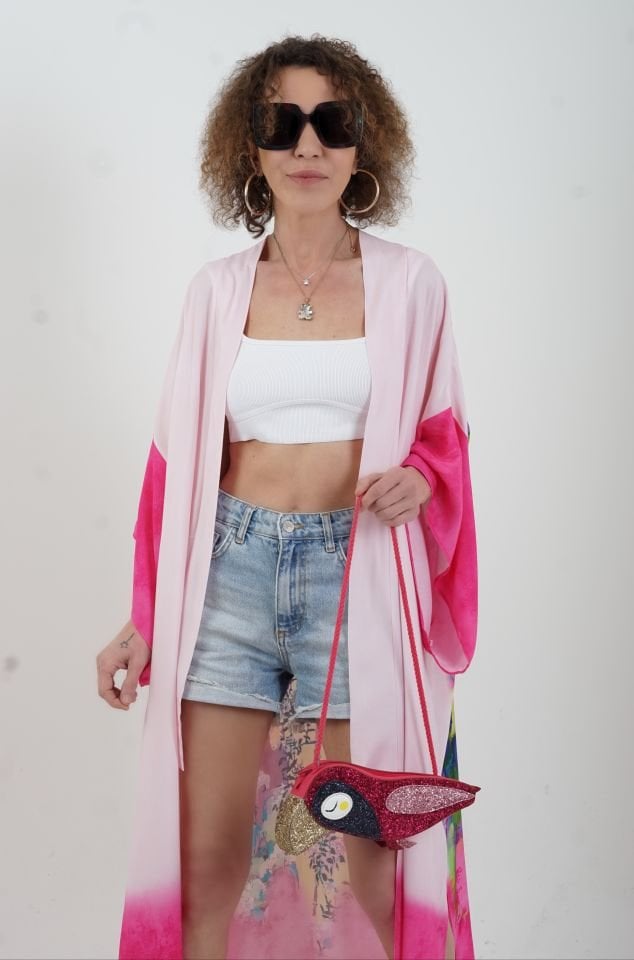 Fuşya Faralya Desenli Kimono