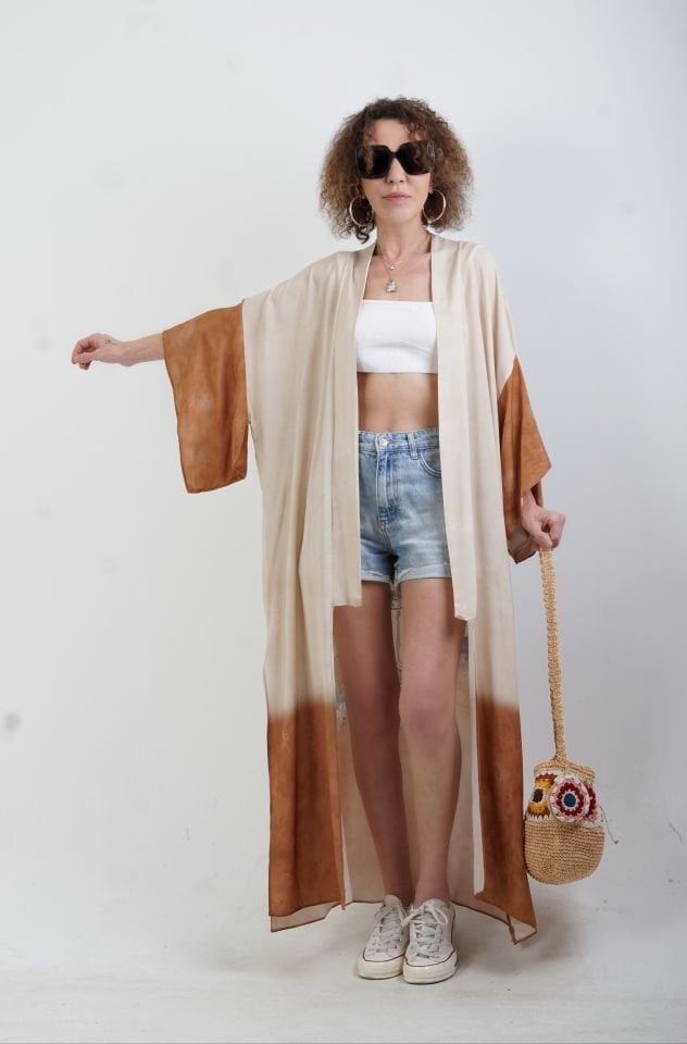 Kahve Faralya Desenli Kimono