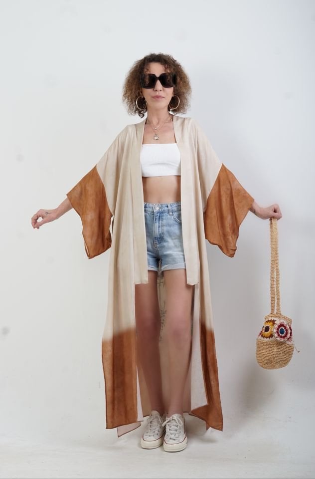 Kahve Faralya Desenli Kimono