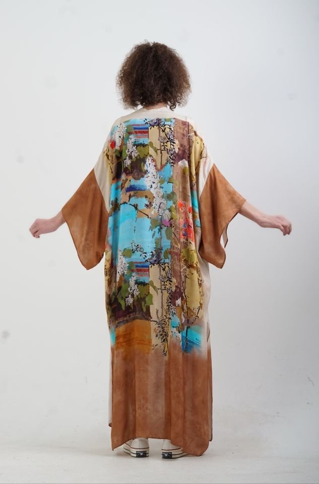 Kahve Faralya Desenli Kimono