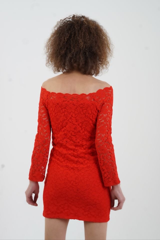 Dantel Madonna Yakalı Elbise KIRMIZI - M