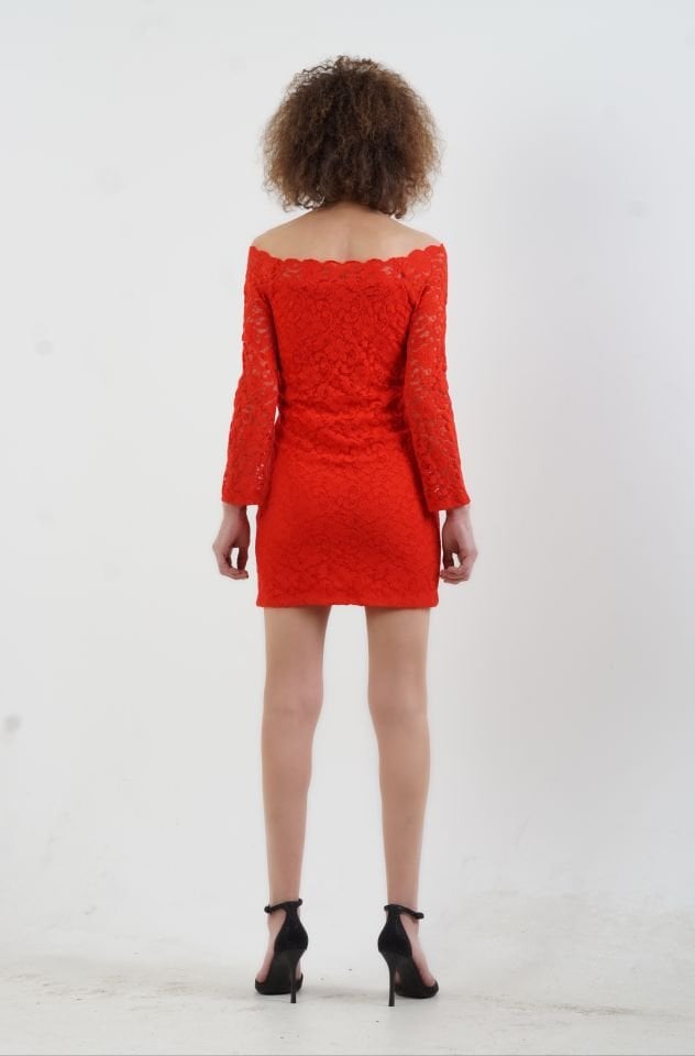 Dantel Madonna Yakalı Elbise KIRMIZI - XL