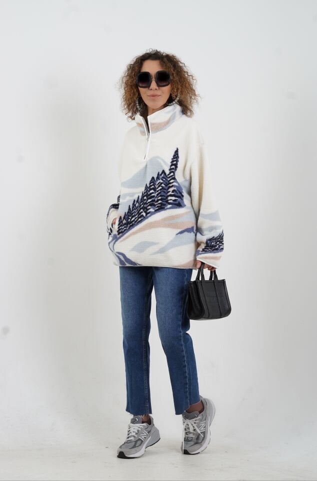 Ekru Mavi Doğa Desenli Polar Sweatshirt