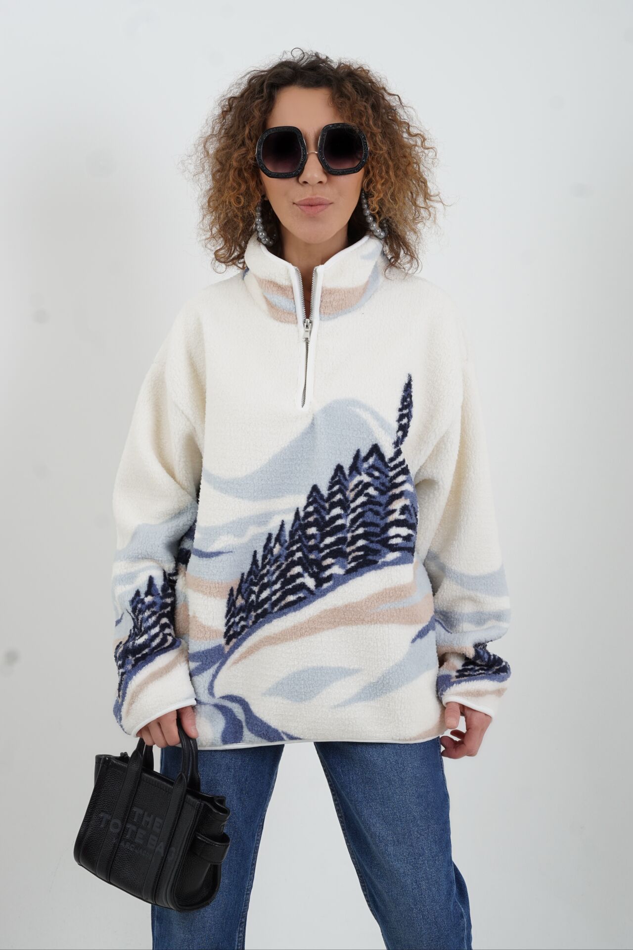 Ekru Mavi Doğa Desenli Polar Sweatshirt