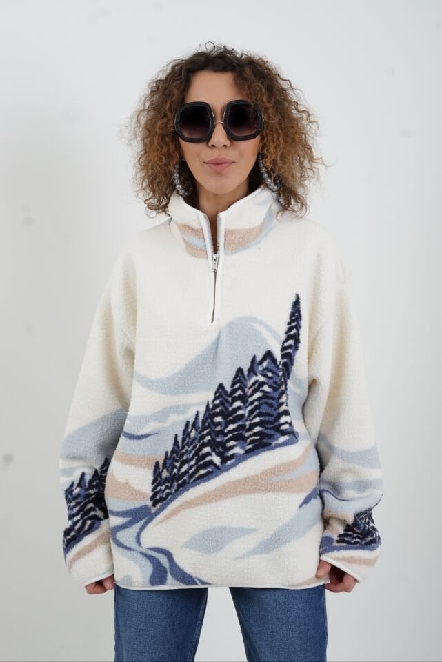 Ekru Mavi Doğa Desenli Polar Sweatshirt