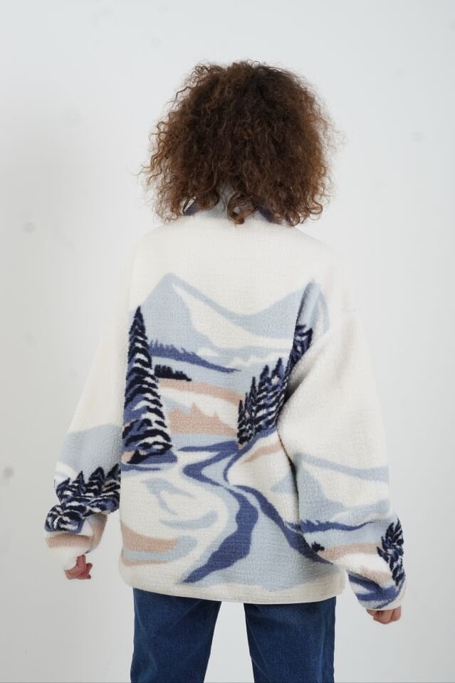 Ekru Mavi Doğa Desenli Polar Sweatshirt