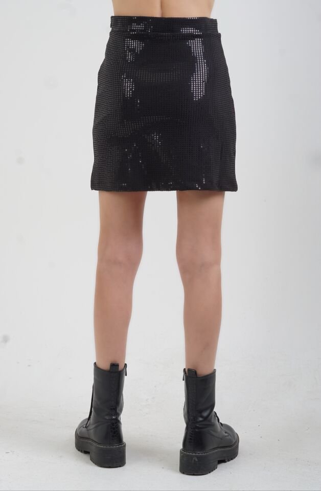 Siyah Pul Payetli Yırtmaçlı Mini Etek