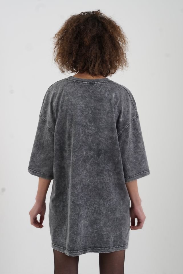 Antrasit Oranj Neon Baskılı Soluk Efektli Oversize Tshirt
