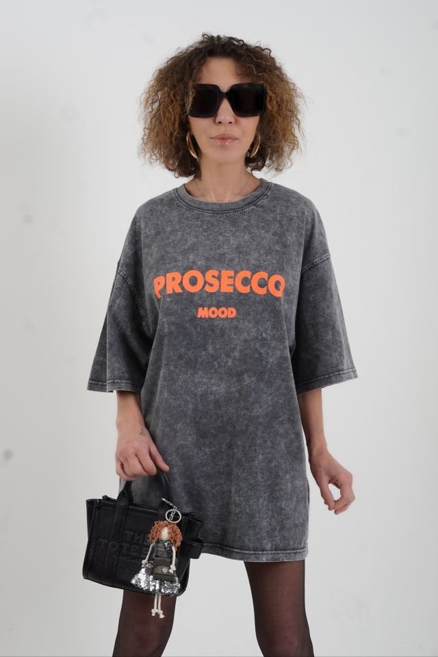 Antrasit Oranj Neon Baskılı Soluk Efektli Oversize Tshirt