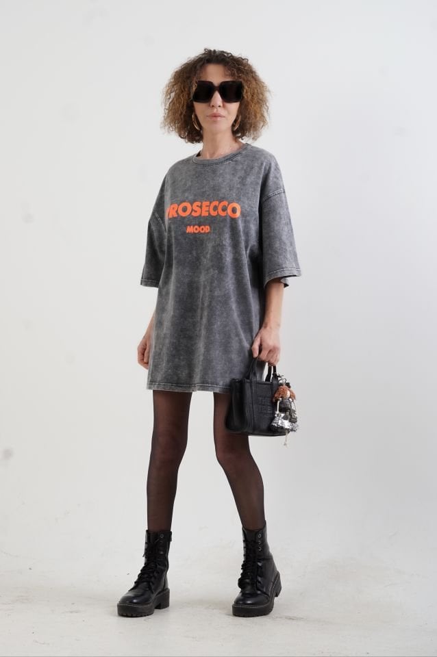 Antrasit Oranj Neon Baskılı Soluk Efektli Oversize Tshirt