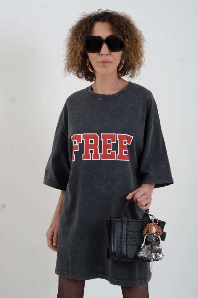Antrasit Kırmızı  Baskılı Soluk Efektli Oversize Tshirt