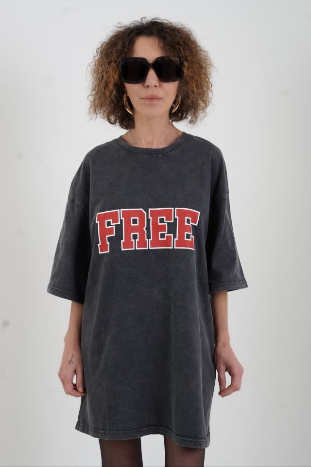 Antrasit Kırmızı  Baskılı Soluk Efektli Oversize Tshirt