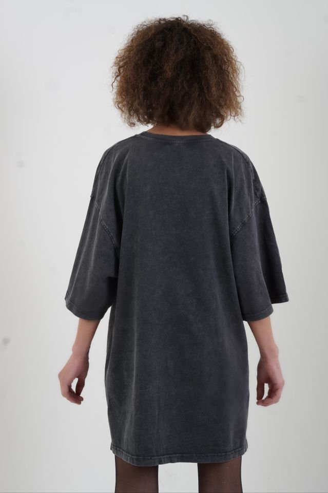 Antrasit Kırmızı  Baskılı Soluk Efektli Oversize Tshirt