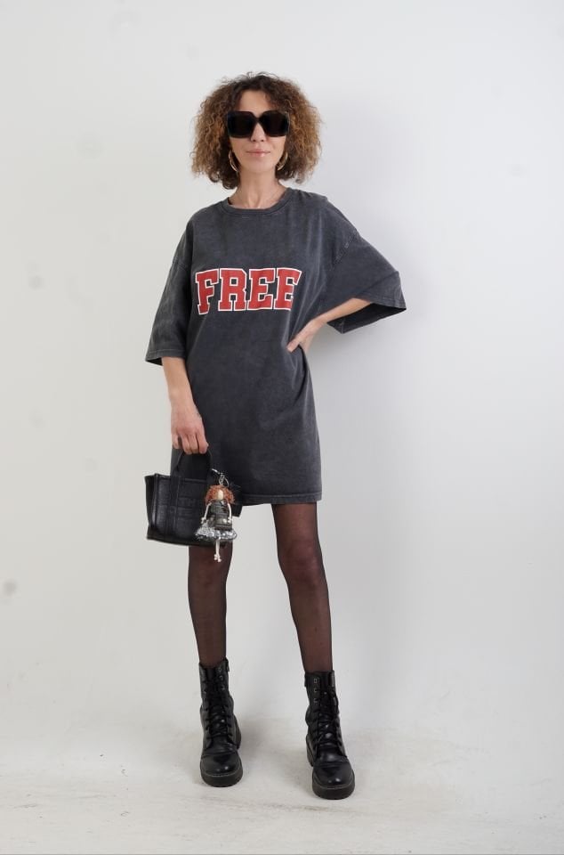 Antrasit Kırmızı  Baskılı Soluk Efektli Oversize Tshirt
