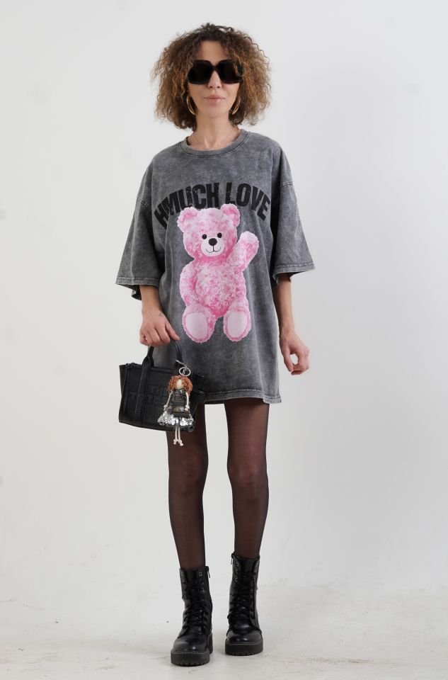Antrasit Teddy Soluk Efektli Oversize Tshirt