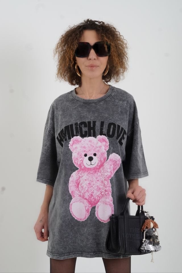Antrasit Teddy Soluk Efektli Oversize Tshirt
