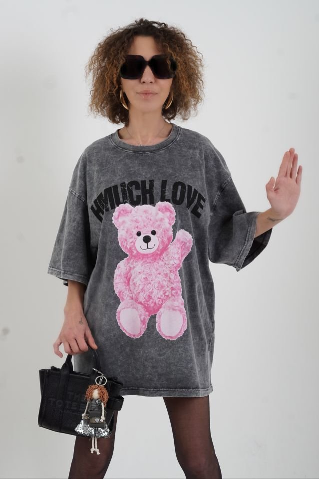 Antrasit Teddy Soluk Efektli Oversize Tshirt