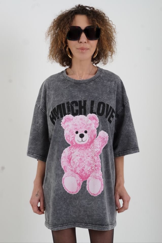 Antrasit Teddy Soluk Efektli Oversize Tshirt