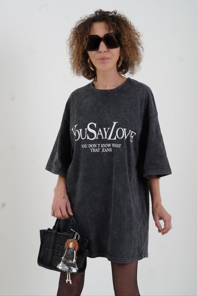 Antrasit You Say Love Baskılı Soluk Efektli Oversize Tshirt