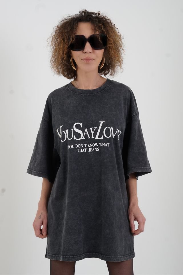 Antrasit You Say Love Baskılı Soluk Efektli Oversize Tshirt