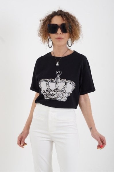 Siyah Taç Baskılı Tshirt